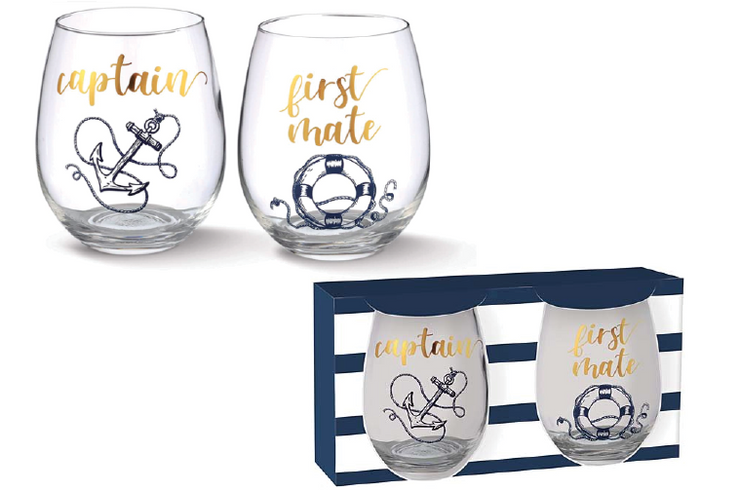 Captain and First Mate Stemless Wine Glasses