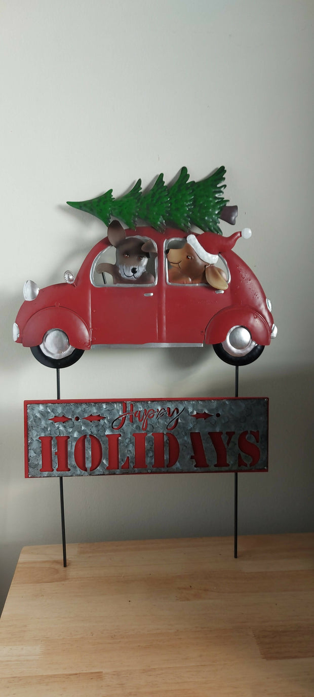 Happy Holidays Garden Stake (dogs in car)